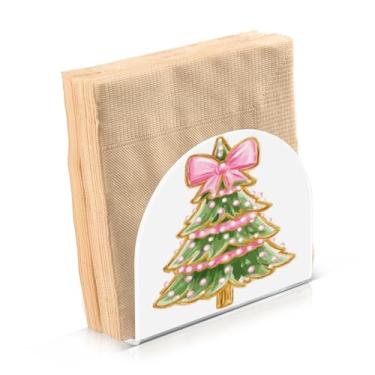 Imagem de Blueangle Suporte de guardanapo de arco rosa para árvore de Natal - decoração de mesa de acrílico à prova de vento para cozinha e casa, dispensador de lenços de férias com porta-guardanapos verticais