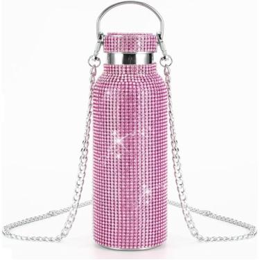 Imagem de Garrafa térmica Bling Diamond, garrafas de água com glitter, garrafa térmica de aço inoxidável, garrafa de água recarregável com corrente para mulheres (rosa 750 ml)