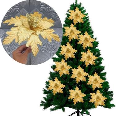 Imagem de Flores Ramos Arranjo Enfeite Natalino Dourado 20cm Kit 12pçs