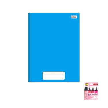 Imagem de Kit Caderno Brochura Capa Dura Pepper Azul 80 Folhas + Marca Texto Boss Estojo 4 Cores Pink