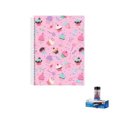 Imagem de Kit Caderno Feminino 10 Matérias 200 Folhas + Caneta Esferográfica 24 Unidades + Grampeador Metallic C-15