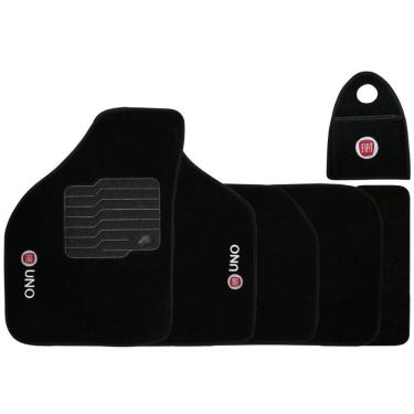 Imagem de Jogo Tapete Automotivo Carpete + Lixeira Fiat Uno 2008 à 2013 Soft Logo Bordado Preto 6 Peças