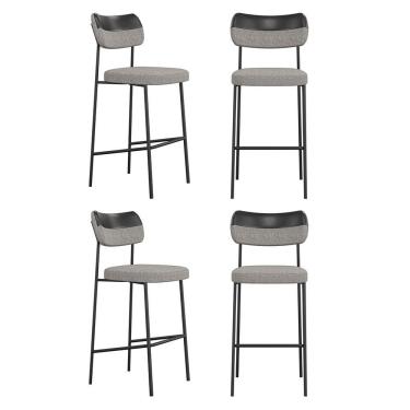 Imagem de Kit 04 Banquetas Altas Cozinha Lila Com Encosto Couríssimo Preto Linho Cinza - Abmaza