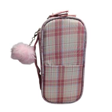 Imagem de Estojo Box Grande Escolar Xadrez Rosa com Pompom Alça Organizador Lápis Colorido Fofo Materia Caneta