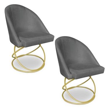 Imagem de Kit 02 Cadeiras Poltrona De Jantar Bela Suede Grafite Base Metálica Luxo Dourado - Pallazio