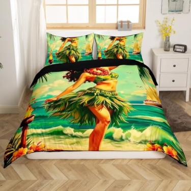 Imagem de Erosebridal Tiki Bar Capa de edredom Hula Girl Hawaiian Beauty Jogo de cama tropical folhas de palmeira capa de edredom verão oceano veleiro capa de edredom tamanho solteiro para crianças, meninos e