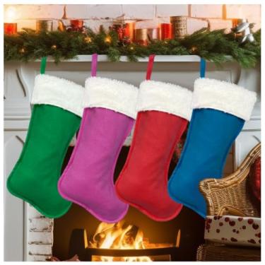 Imagem de aokansha Pacote com 4 meias grandes de Natal, monograma, 4 cores, com punho de pelúcia super macio, meias de Natal, decorações para decoração de férias em família