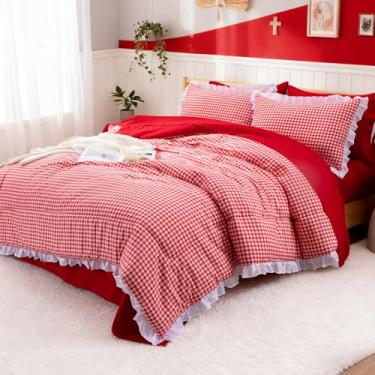 Imagem de A Nice Night Conjunto de edredom casal, 5 peças, leve e rústico, com babados, xadrez, xadrez, chique, conjunto de cama com fronhas