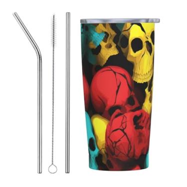 Imagem de Zeraoke Caneca de aço inoxidável com tampa de canudo de 590 ml, estampa de estampa de caveira, caneca de canudo de carro, mantém as bebidas frias para escritório, casa, funciona muito bem para bebidas