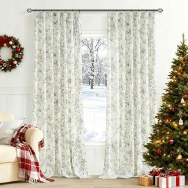Imagem de Cortinas plissadas florais verdes 224 cm de comprimento para sala de estar, sala de jantar, quarto, filtro de luz, aba plissada, aba traseira, verde-oliva, florida, estampada, cortinas de linho