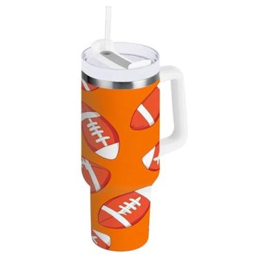 Imagem de Qilmy Copo de futebol americano de 1,134 g com tampa e canudo, copo isolado de aço inoxidável durável à prova de vazamento com alça, garrafas de água à prova de derramamento para viagens1124