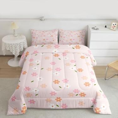 Imagem de jejeloiu Jogo de cama solteiro com estampa floral de desenho animado para meninas, adolescentes, pétala de flor branca, laranja, para decoração de quarto, 2 peças com 1 fronha