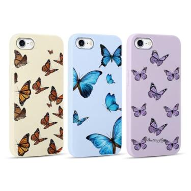 Imagem de RUMDEY Pacote com 3 capas de telefone femininas borboleta estética para Apple iPhone 7/8 / SE 2020 / SE 2022 4,7 polegadas, capa amortecedora de TPU à prova de choque macia fosca para iPhone 7 com design, azul, roxo e bege