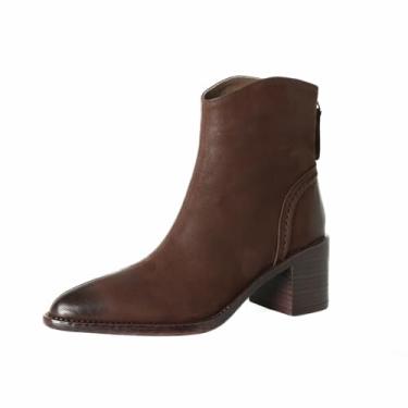 Imagem de TinaCus Botas femininas curtas de bico fino com zíper de couro genuíno feito à mão salto médio grosso moderno botas de cano curto, Marrom, 38