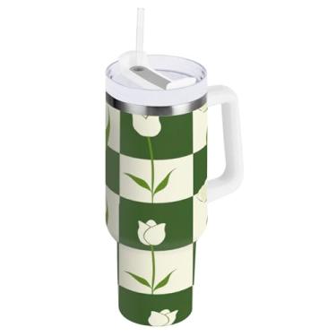 Imagem de Kigai Copo de grade de tulipa verde de 1,134 g com tampa e canudo, copo isolado de aço inoxidável durável à prova de vazamento com alça, garrafas de água à prova de derramamento para viagens