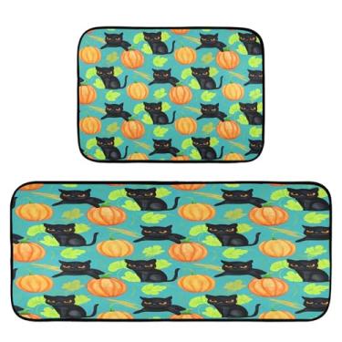 Imagem de STAYTOP Conjunto de 2 tapetes de cozinha pretos de gato e abóbora de Halloween, tapetes de cozinha e tapetes de porta para festas de fim de ano, casa de fazenda rural, tapete para casa e cozinha