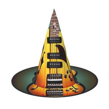 Imagem de SKKNT Chapéu de bruxa com estampa de instrumentos musicais de guitarra baixo, chapéu dobrável para eventos temáticos