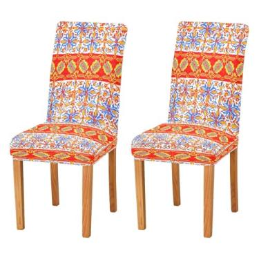 Imagem de CEBUGI Capas de cadeira para sala de jantar, azulejos ornamentais, coloridos, elásticos, protetores de cadeira laváveis e removíveis para casa, restaurante, banquete, festa, pacote com 4