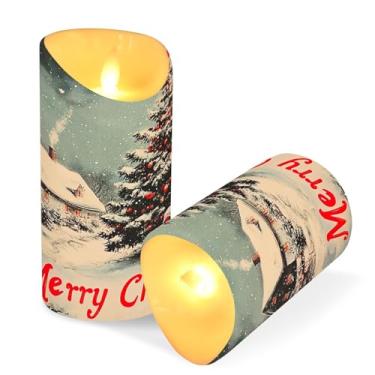 Imagem de Blueangle Pacote com 2 velas vintage de árvore de Natal sem chamas com controle remoto e temporizador, velas LED cintilantes (7,6 cm x 9,9 cm) para decoração de casa, casamento, acampamento (605)