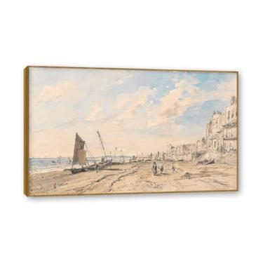 Imagem de Moldura de teca. Arte em tela romantismo estilo constable (paisagem 64), pintura de paisagem inglesa emoldurada, decoração de parede elegante para sala de estar escritório. 60 x 96 cm - 23,7 x 37,7