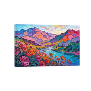 Imagem de Pintura abstrata de arte de parede - flores coloridas rio montanha 3 - decoração moderna - impressões em tela para sala de estar pronto para pendurar 20x30cm8x12in tela embrulhada