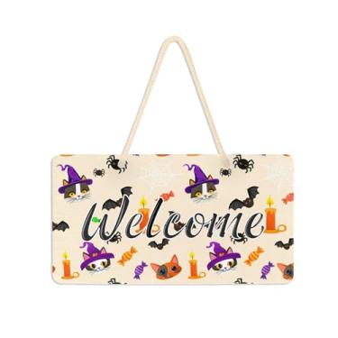 Imagem de Burbuja Placa de boas-vindas de rosto de gato de Halloween para porta da frente, placa de boas-vindas de PVC para decoração de férias de casa de fazenda, 15 x 28 cm