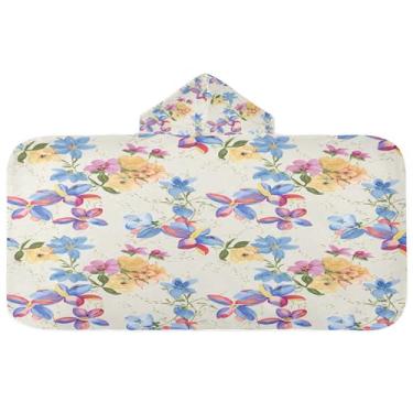 Imagem de CEBUGI Toalha de banho com capuz de flores em aquarela para crianças toalha de banho macia absorvente com capuz 127 x 59,7 cm toalha de banho de praia para meninos e meninas