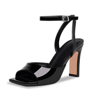 Imagem de 100FIXEO Sandálias femininas de bico aberto com tira no tornozelo, salto alto, elegante, confortável, de couro envernizado, para uso diário em festas, Preto, 40