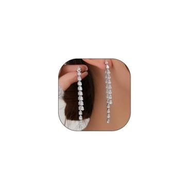 Imagem de Brincos pendentes de cristal longo prata para formatura, brinco formal delicado de strass para noiva de casamento, joia de lustre brilhante da moda, Large, Metal, Sem pedra preciosa