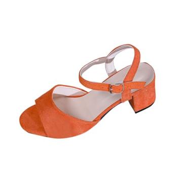Imagem de Sandália feminina fashion casual primavera e verão cor sólida fivela bico redondo salto grosso salto alto, Laranja, 38