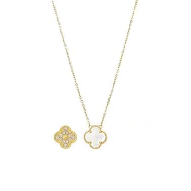 Imagem de Colar Lateral Clover Ladies Girls com Revestimento de Ouro 18K Estilo Simples em Aço Anti-Alérgico Pingente Zircônia Flor Nacre e Trevo Quatro Folhas Elegante para Uso Diário Exquisito