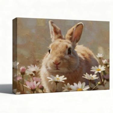 Imagem de Arte de parede em tela, impressão de pintura a óleo de coelho entre margaridas, arte de animal de coelhinho fofo, decoração de casa de banho, sala de estar, quarto, decoração de banheiro, galeria