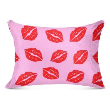 Imagem de Capa de almofada fofa rosa para dia dos namorados com estampa de batom vermelho com zíper para fronhas padrão Queen King capa de travesseiro macia, tamanho king, 50,8 cm x 101,6 cm