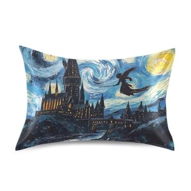 Imagem de Fronhas de cetim engraçadas arte refrescante impressão padrão Queen King fronhas confortáveis roupa de cama macia tamanho Queen 76.2 cm x 50.8 cm Fantasy Castle Night Sky Starry