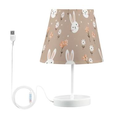 Imagem de Joisal Candeeiros modernos com estampa de coelho e flores fofas para mesa de cabeceira com abajur de linho, abajur de mesa com porta USB