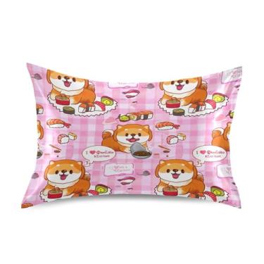 Imagem de Fronhas de cetim fofas refrescantes personalizadas King Queen fronha padrão presentes decoração de cama tamanho queen 76.2 cm x 50.8 cm bonito Shiba Inu filhote rosa