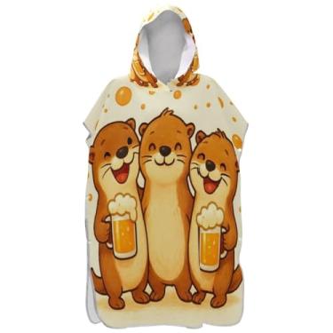 Imagem de Joisal Lontras de desenho animado alegre bege poncho de surfe trocador roupão adulto com capuz toalha de praia impressão plus size ponchos de praia para homens