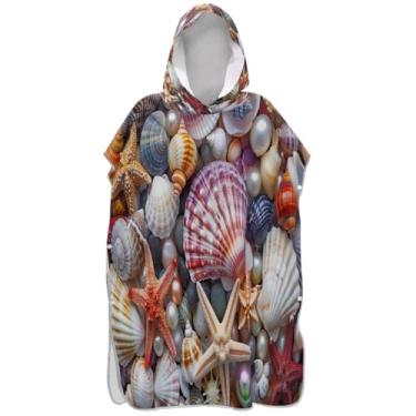 Imagem de Joisal Roupão para adultos, poncho de surfe, com capuz, toalha de praia, estampada, plus size, homens, mulheres, poncho com capuz, conchas coloridas estrela-do-mar