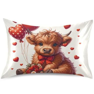 Imagem de Lindas capas de almofada de cetim de vaca highland bezerro dia dos namorados para cabelo capa de travesseiro refrescante de luxo King Queen Standard Pillow Slip Bed Presentes de vida saudável, tamanho