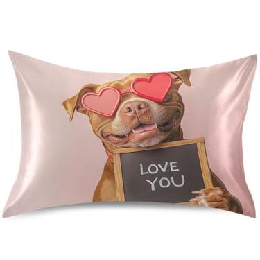 Imagem de Cute Dog Valentines Love Capa de almofada de cetim com estampa padrão Queen King para pele com acne, tamanho Queen, 76 cm x 50 cm