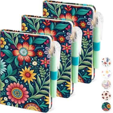 Imagem de NIRMIRO Pacote com 3 cadernos de bolso, mini caderno estético pequeno com caneta, capa de impressão floral, A6 (9,4 cm x 14,5 cm), papel forrado 100GSM, bloco de notas para meninas/crianças/mulheres
