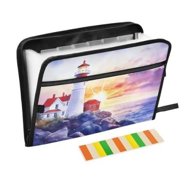 Imagem de Lighthouse Rocks Pasta sanfonada pequena pôr do sol tamanho carta A4 pasta expansível com alças para organizador de documentos