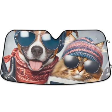 Imagem de Toldo de sol personalizado engraçado animal selfie cão gato para para-brisa de carro bonito universal dobrável caminhão carro persianas para janelas dianteiras protetor L, 144.8 cm x 80.0 cm