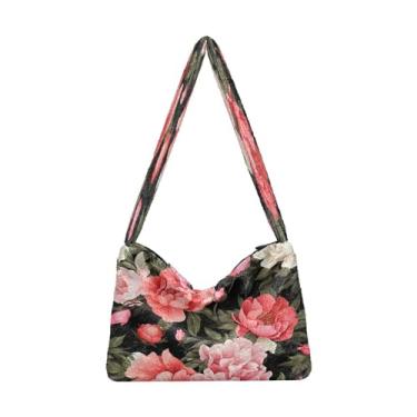 Imagem de Edifícios com uma bolsa de pelúcia de cúpula azul, bolsa de ombro com zíper, bolsas de outono, Pintura em aquarela com flores de peônia em preto-3, One Size