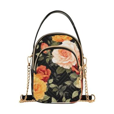 Imagem de Bolsa tiracolo floral rosa rosa e folhas em alça longa preta, três bolsas transversais com zíper para mulheres, Rosa laranja e flor amarela - 3, One Size