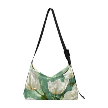 Imagem de Bolsa Hobo de ombro leve Paris aquarela, bolsa de ombro de couro, bolsas de ombro Hobo para mulheres, Tulipas brancas em verde - 5, One Size