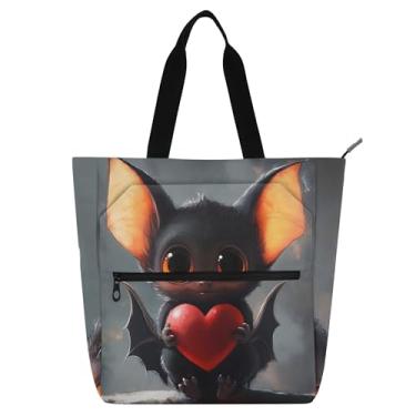 Imagem de GAIGEO Linda bolsa de trabalho feminina com corações de morcego para dia das bruxas, lona, praia, livro, com zíper, presente para professores para amantes de livros