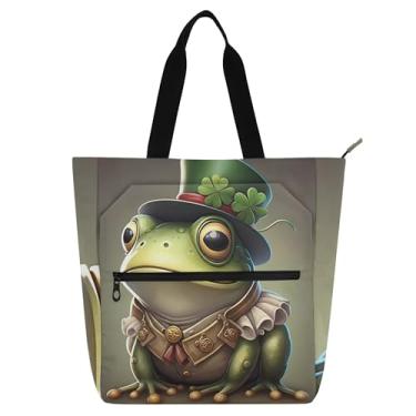 Imagem de GAIGEO Bonito chapéu sapo trevo bolsas de trabalho para mulheres tote lona praia escola bolsa utilitária crianças bolsas com compartimentos