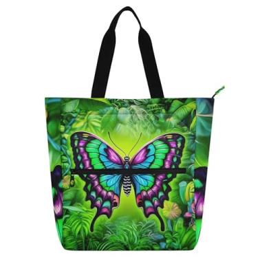 Imagem de GAIGEO Bolsa feminina colorida borboleta verde selva para trabalho em lona universitária bolsa carteiro presente para amantes de livros