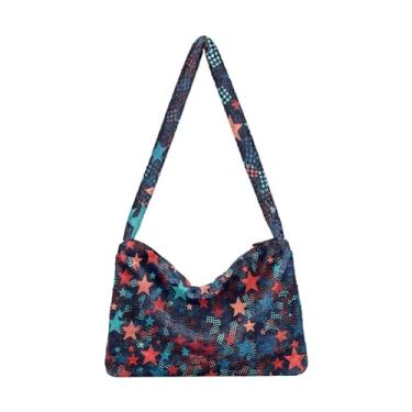 Imagem de Bolsa de ombro feminina roxa bege premium aquarela roxa floral botânica, sacola, bolsas de outono, Bandeira americana com estrelas em aquarela azul vermelha, One Size